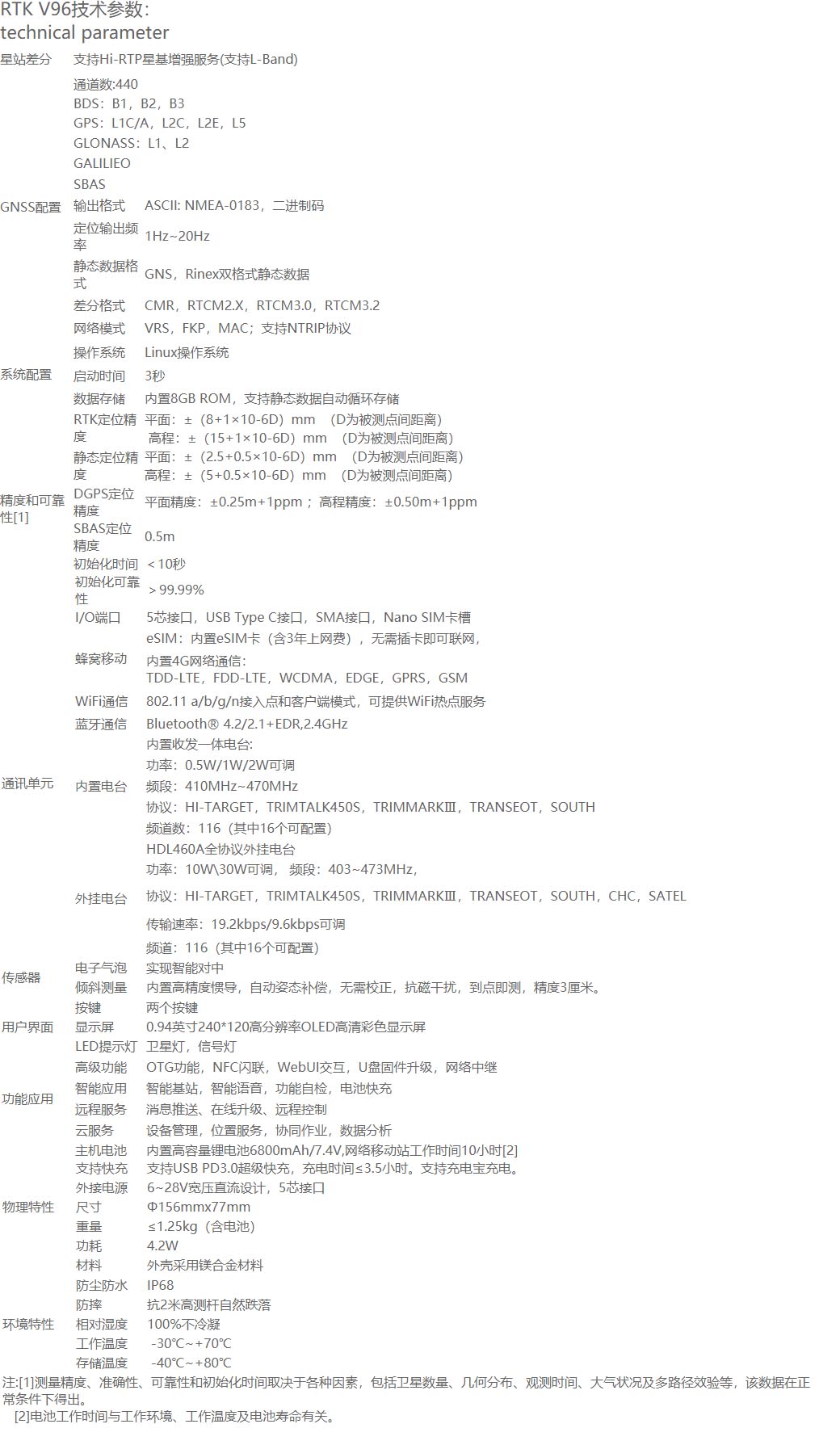 中海达V96智能RTK系统技术参数