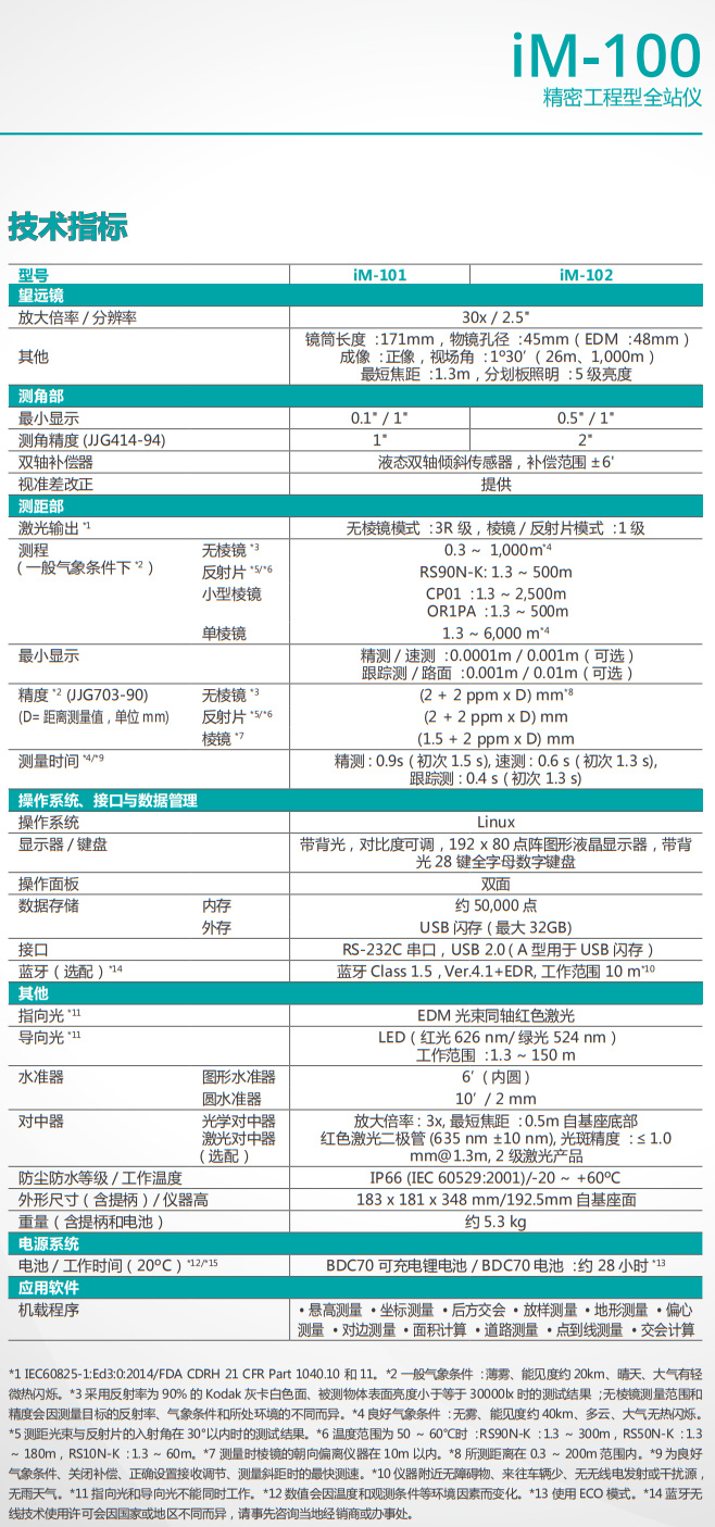 索佳IM-101/IM-102精密全站仪技术参数